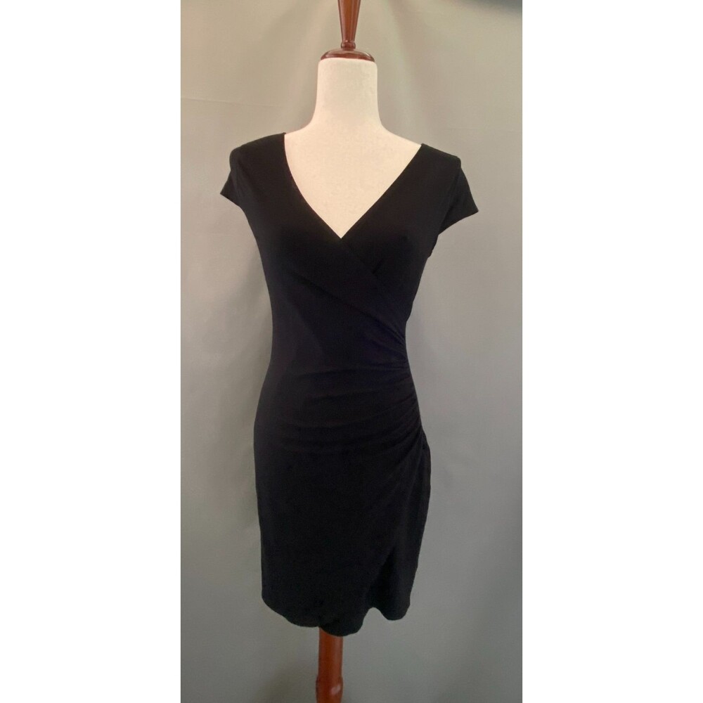 Ann Taylor Petite Small Black Ruched Wrap Dress Cap Sleeve Rayon Spandex